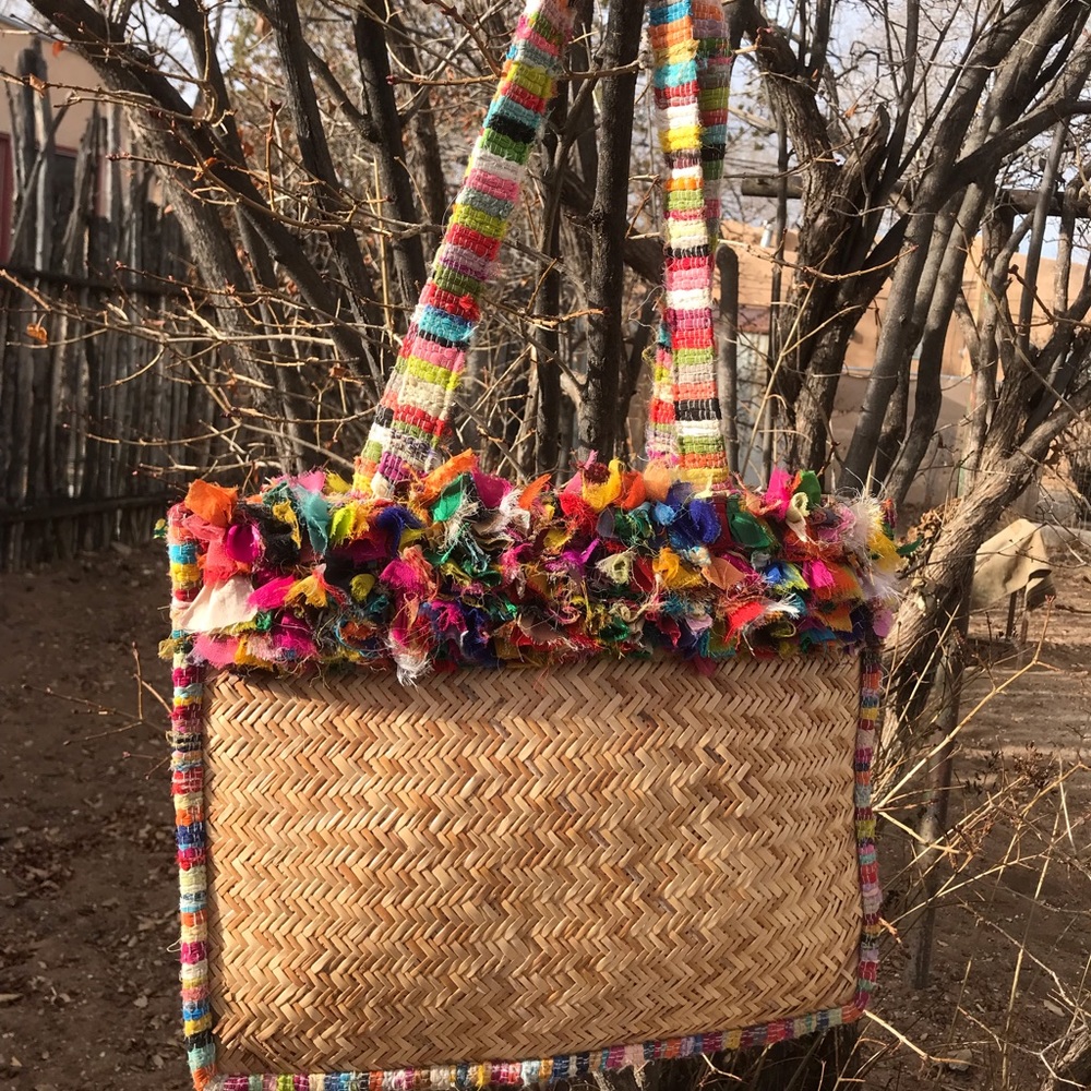 Basket purse, with multicolored scarf embellishments